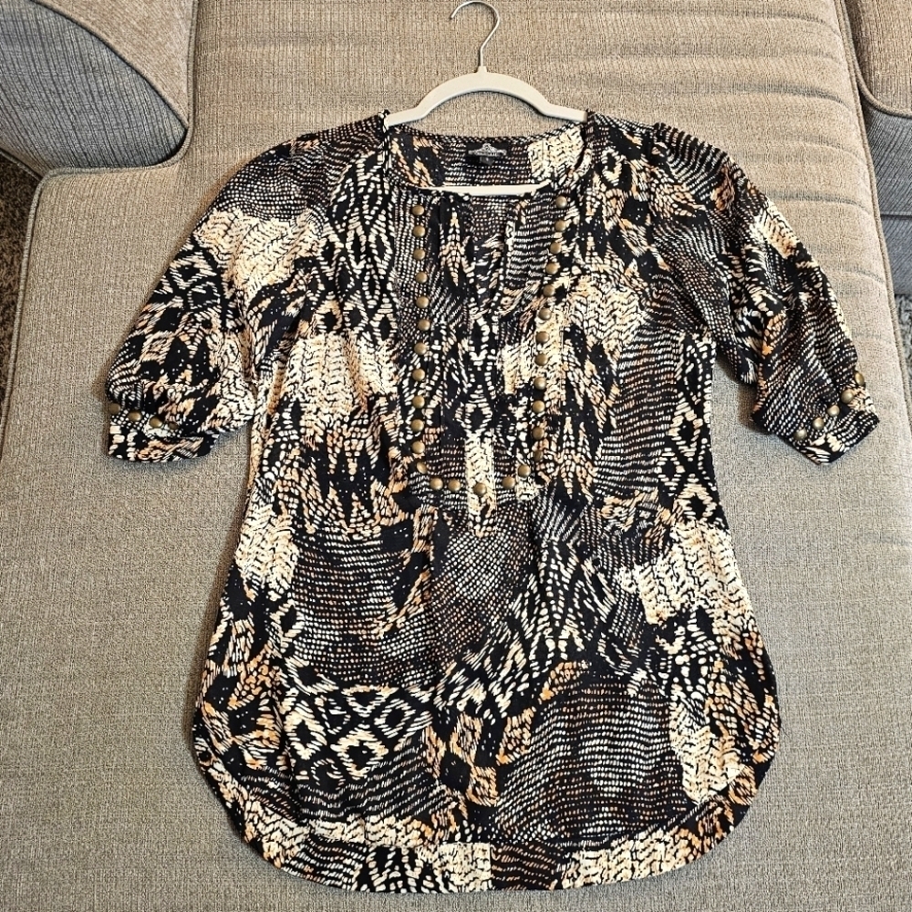 Angie Black Tan Brown Casual Career Office Boho Work  Top Blouse Size Small
